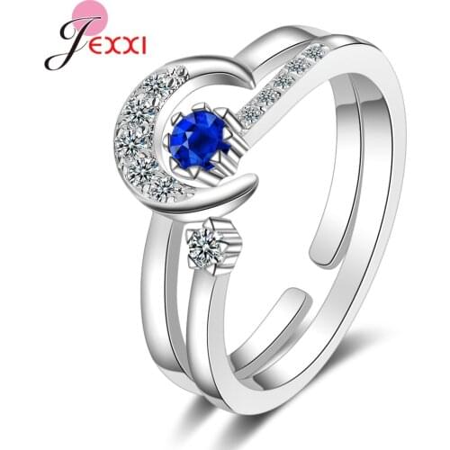 Moon/Star 2pcs Ring Sets 925 Sterling Silver Adjustable Open Ring for Women Cubic Zirconia Crystal Couple Bague Jewelry