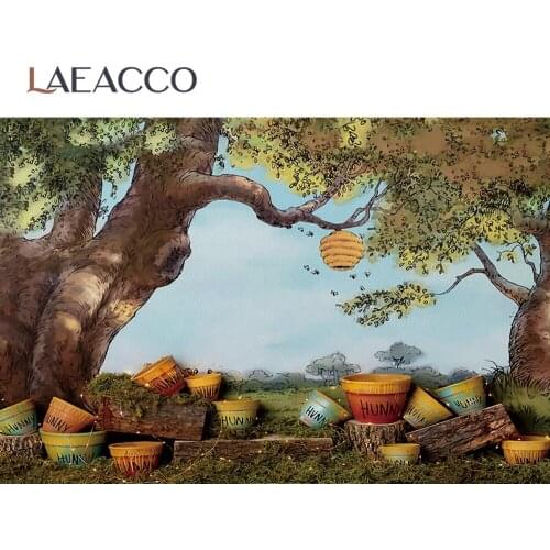 Laeacco Autumn Old Tree Flower Pot Grass Hunny Theme Cartoon Watercolor Scene Photography Background Photo Backdrop Photo Studio