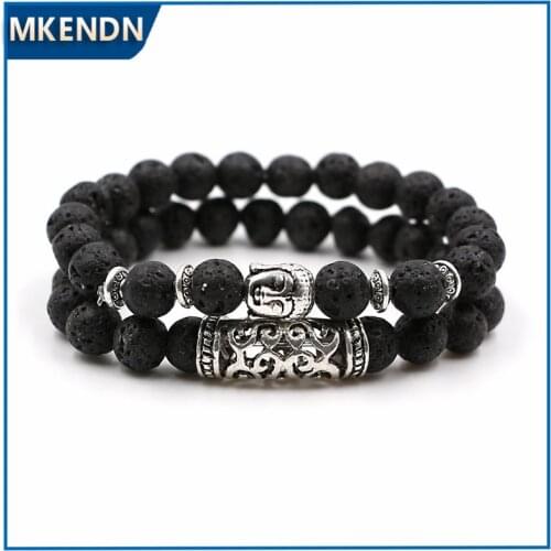 MKENDN 2Pcs/Set Antique Silver Plated Buddha Head Charm with Lava Onyx Turquoises Natural Stone Beads Bracelet Set Pack For Men