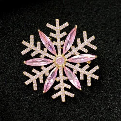 Fashion Classic Snowflake Brooch Pin With Pink Stones High Quality AAA Cubic Zirconia Brooches Jewelry For Women Christmas Gift