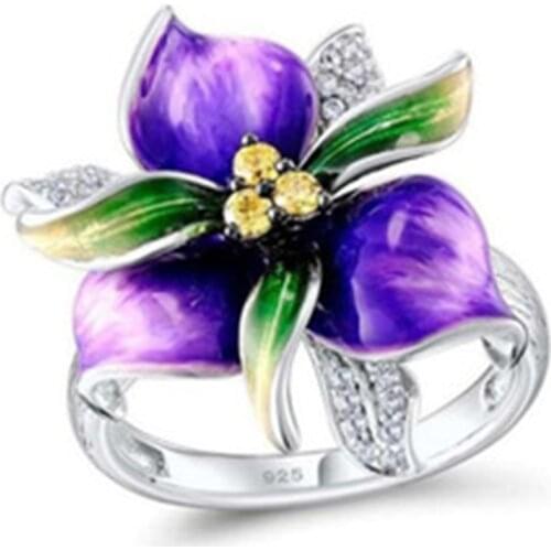 Milangirl Fashion Delicate Purple Epoxy Flowers Yellow Crystal Designer Ring for Women AAA Zircon Rings Jewelry