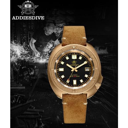 Addies Dive 2104 CUSN8 Men Bronze Watch Brown Leather Strap NH35 Automatic Watch Gold Polished Case 200m Diving Watches