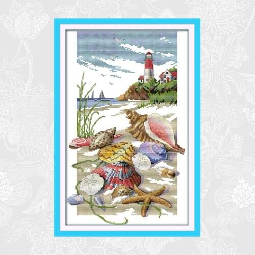 Shell Lighthouse Cross-stitch Print on Canvas DMC Cross Stitch kits,Embroidery Needlework Set,DIY Handmade Crafts Home Decor