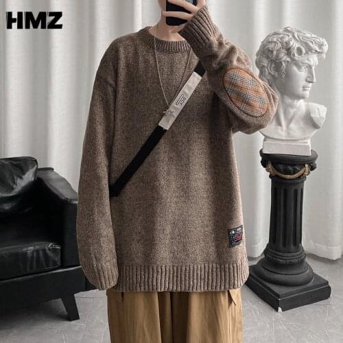 HMZ Autumn Winter Pullovers Men Clothing Solid Color Sweater Loose Stretch Couple Pullovers Fashion Warm Patchwork Sweaters Top