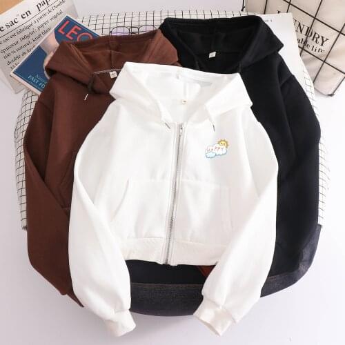 Autumn Women Oversized Casual Zipper Sweatshirts Kawaii Sun Cartoon Graphic Printed Thin Long-sleeved Hooded Cropped Jacket Coat