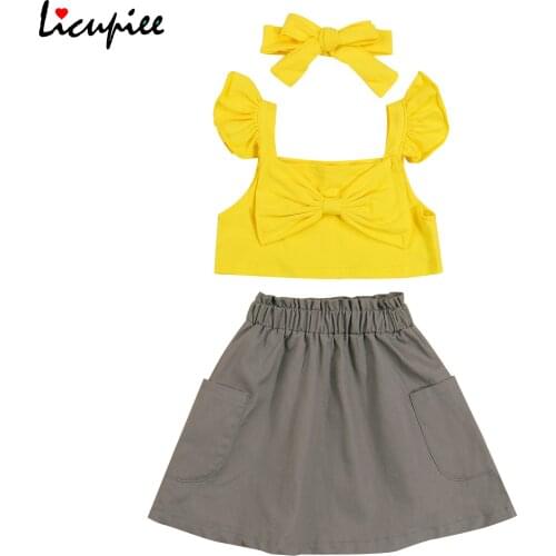 1-6 Years Clothing Sets 3pcs Toddler Summer Outfit Solid Ruffled Bowknot Crop Tops + Elastic Waist Skirt + Hairband for Girls