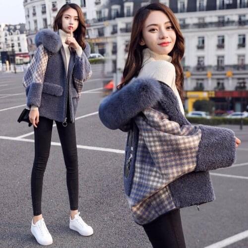 2021 Winter Womens Fashion Lamb Wool Long Sleeve Short High Loose Coat New Fashion Warmth Thick Fur Collar Plaid Short Coat