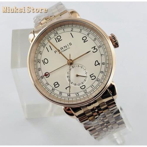 Parnis 2019 new top mens automatic mechanical watch 42mm rose gold GMT arab mark date window Stainless steel strap mens watches