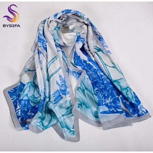 [BYSIFA] Grey Blue Silk Scarf Shawl Spring Winter Fashion Women Scarves Hijabs Summer Elegant Peony Design Ladies Beach Shawls