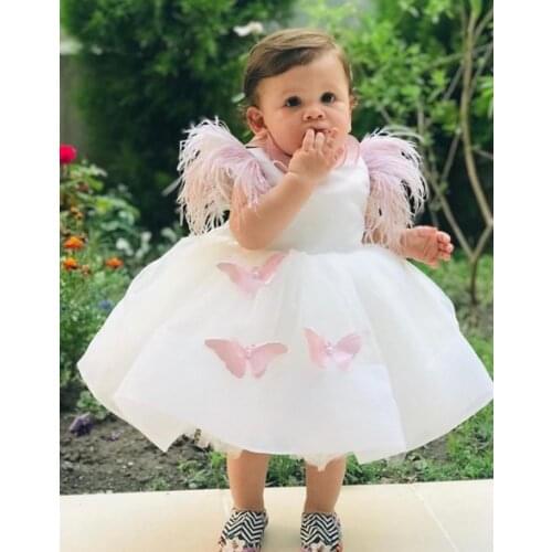 Infant Girls Birthday Dresses Baby Girls Dresses Ball Gowns Knee Length Feather Sleeve Pink Butterfly Kids Clothes Photoshoot