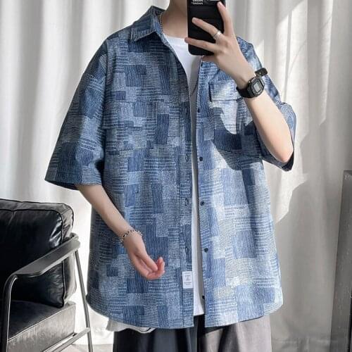 Men Summer Shirt Beach Style Vintage Plaid Hawaiian Casual Shirts Mens Loose Short Sleeve Blouse Tops Camisa Homme Black/Blue