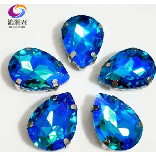Super beauty Lake blue AB color drop shape Glass Crystal sew on rhinestones with holes,Diy Clothing accessories SWS26