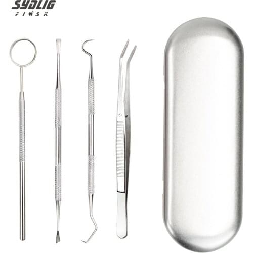 4pc/set Dental Mirror Stainless Steel Dental Dentist Prepared Tool Set Probe Tooth Care Kit Instrument Tweezer Hoe Sickle Scaler