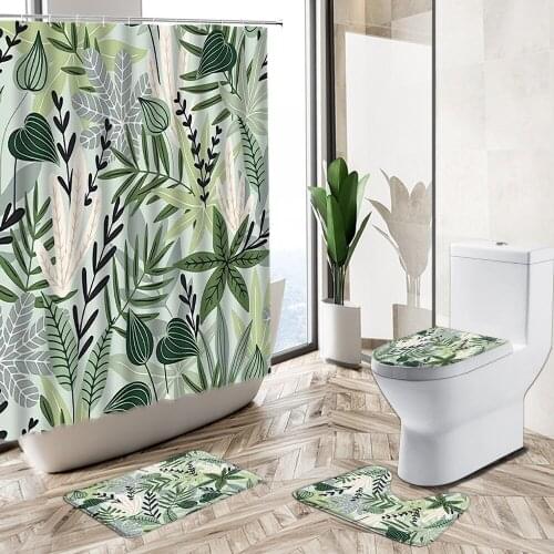 Tropical Green Plant Palm Leaf Flower Shower Curtain Summer Jungle Scenery Print Non-Slip Pedestal Rug Toilet Cover Bathroom Set