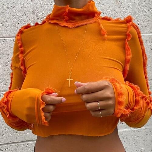 Crop Top Sexy Long Sleeve Casual Sheer Mesh Turtleneck Solid Color See Through Basic Tops Fashion Women T-Shirt