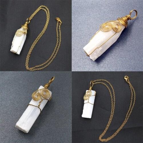 YJXP Wire Winding Pendant Necklaces Natural Raw Selenite Wand Link Chain Necklace Irregular Gypsum Column Charms Jewelry 1 Pcs
