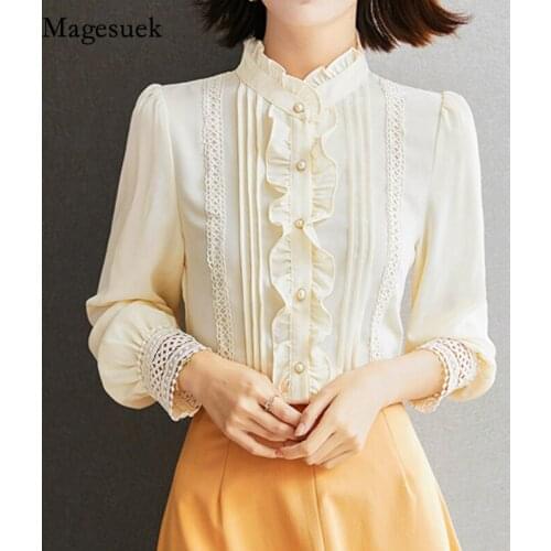 2021 Autumn Elegant Temperament Blouse Slim Chiffon Long-sleeve Shirt Lady Solid Comfort Simple Stand-up Collar Woman Top 16202