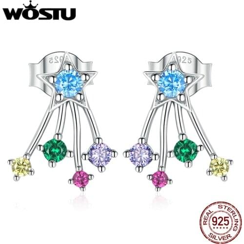 WOSTU 925 Sterling Silver Sparkling Colorful Meteor Stud Earrings For Women Wedding Earrings Fashion Anniversary Jewelry CQE1265