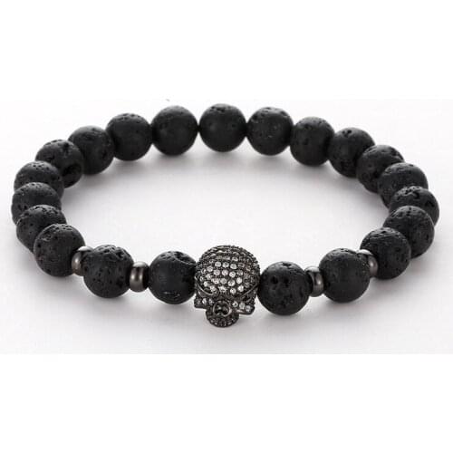 2019 Charm Natural Black Lava Stone Women Men Beads Bracelet Bangle Micro Inset Zircon Alloy Skull Elastic Bracelet Jewelry