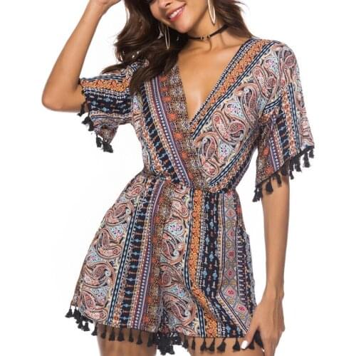 Leiouna Bohemian New Slim V-neck Tassel Flared Sleeve Print Women Summer Vintage Wide Leg Pants Playsuits