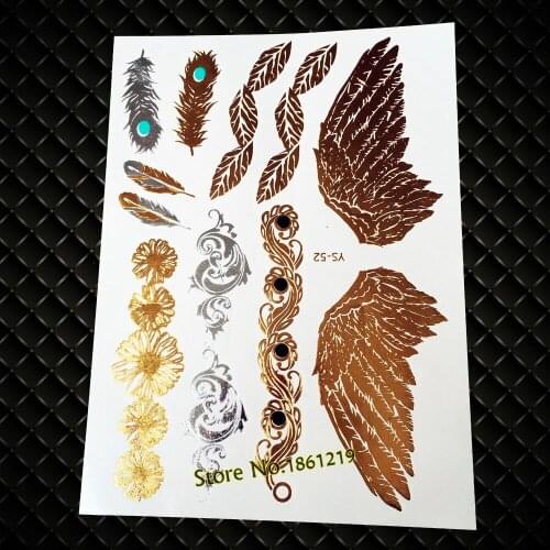 25 Style Gole Metallic Wing Peacock Feather Tattoo Waterproof Flash Flower Leaf Jewelry Tatoo Body Art Temporary Tattoo Stickers
