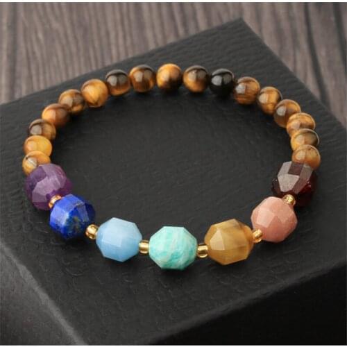 WWLB Healing 7 Chakra Multi-color Bracelet Faceted Natural Crystal Stones Elastic Strand Bracelets Men Simple Jewelry Women G001