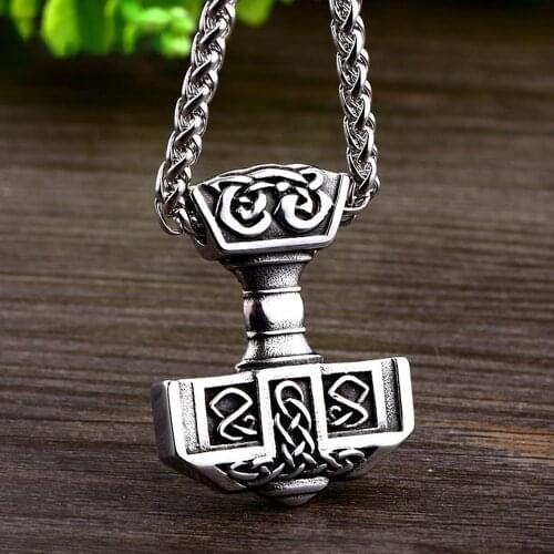 Vintage Stainless Steel Viking Thors Hammer Pendant Necklace Men Nordic Street Viking Odin Pendant Chain Fashion Biker Jewelry