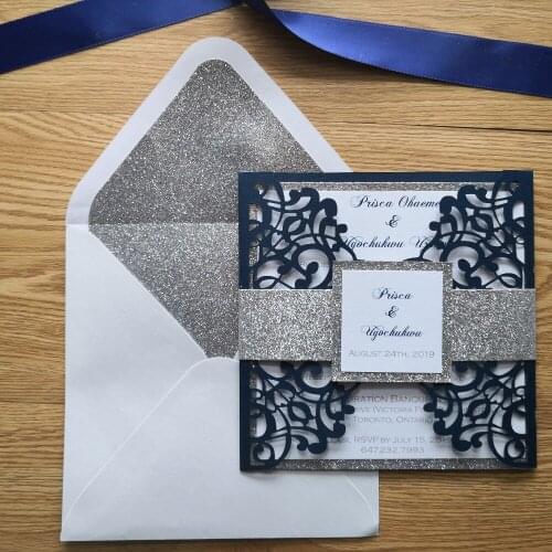 50pcs/set Elegant Flora Design laser cut invitation with glitter decoration muti color available
