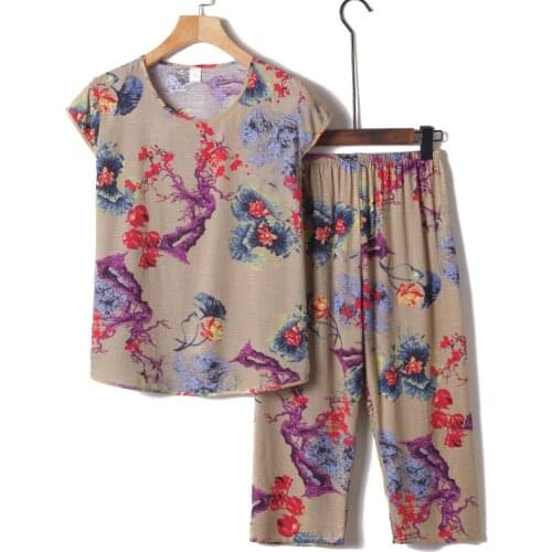 Flower Print Short-Sleeve Set Of Two Fashion Pieces Lounge Loose Ladies Home Pants Casual Summer Woman Top Large Size Female 4XL