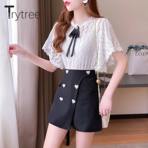 Trytree 2021 Summer Women Two Piece Set Casual Bow Lace 2 Types Tops + Love Nail Drill Shorts Skirt Zip Office Lady 2 Piece Suit