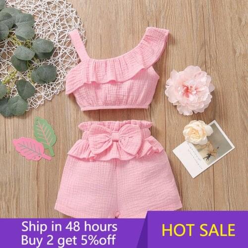 Summer Cute Baby Girls Clothes Sets One Shoulder Ruffles Tops Big Bow Printed Shorts Headband Boutique Kids Clothing Wholesale