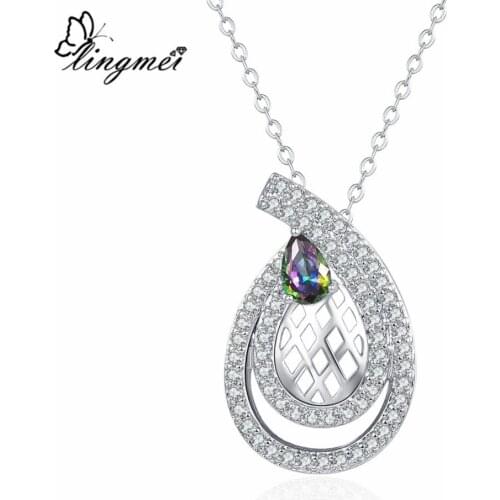 Lingmei Luxury WaterDrop Multi-color & Pink White Cubic Zirconia Silver Color Pendant Popular Fashion Women Jewelry Necklace