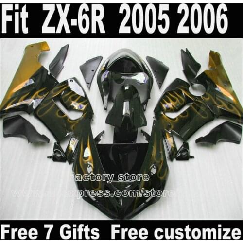 Plastic fairings set for Kawasaki ZX6R 2005 2006 bodywork sets 05 06 ZX-6R Ninja 636 golden flames in black fairing kit LK67