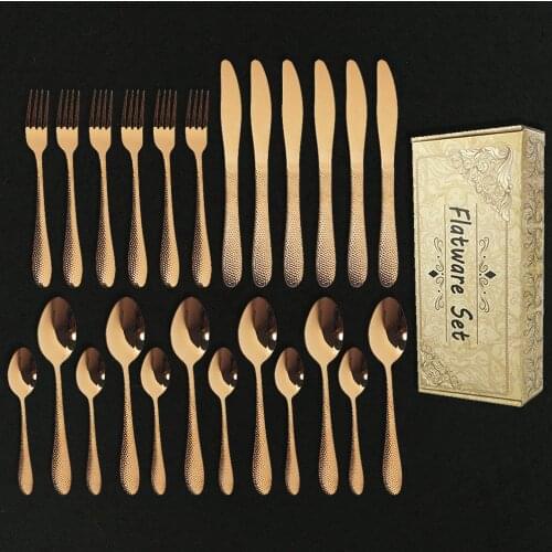 24Pcs Rose Gold Mirror Dinnerware Cutlery Set Stainless Steel Luxury Tableware Knife Fork Spoon Set Gift Box Flatware Set