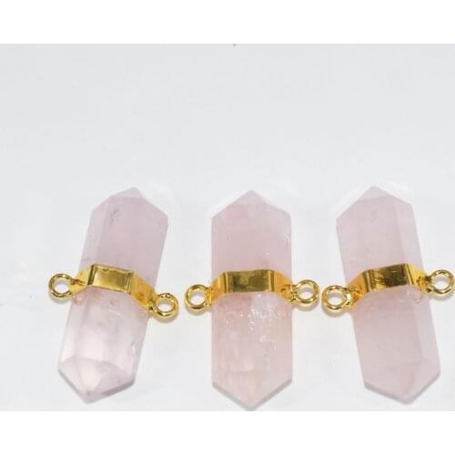 Natural Rose Crystal Quartz Hexagonal Connector for necklace 6 Face Column Pink Love stone pendant connector pendant Femme 2019