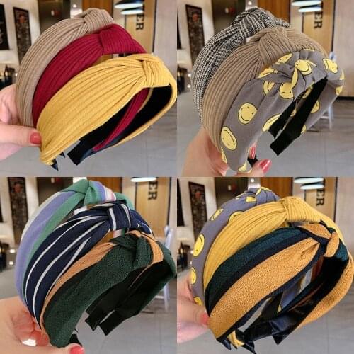 Smiling Face Knotted Hairbands Print Dot Headband For Women Girls Spring Striped Plaid Flower Hoop Band Fashion Hair Accessories