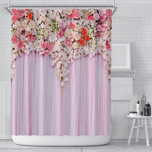 Peach Pink Flower Wall Shower Curtain Set with 12 Hooks Bathroom Decoration