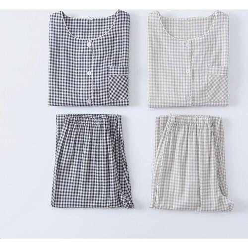 High Quality 100% Cotton Pajamas Set New Large Size Short Sleeve Suit Fashion Plaid Cardigan Top + Trousers Sleepwear Women
