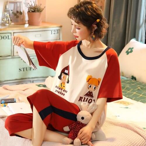 5XL Women Home Wear Lounge Clothes Short Sleeve Pajamas Sets Cartoon Cotton Sleepwear Girls Homewear Housewear
