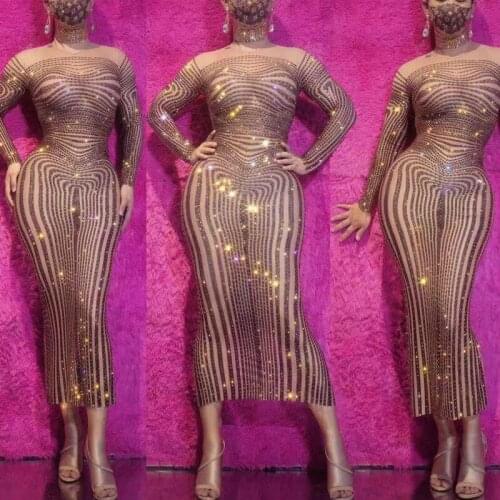 Full Rhinestone Long Sleeve Wrapped Hip Slim Dress Female Singer Dancer Gogo Costume Women Crystal Dresses Drag Queen XS2564