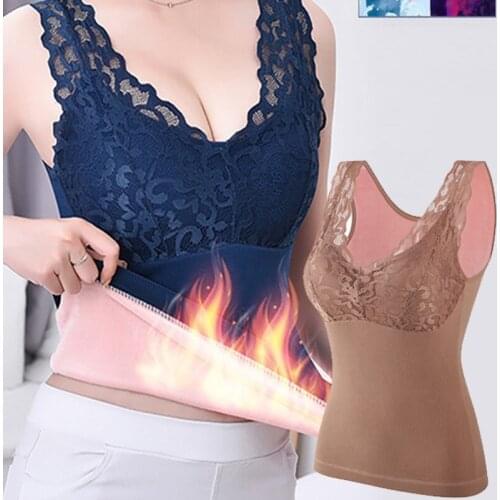 2021 Spring Women U Neck Lace Trim Padded Pull Up Thermal Underwear Base Sleeveless Shirt Black Warm Vest Tank Corset Tops Mujer