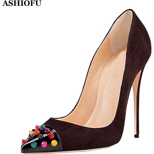 ASHIOFU Handmade High Heel Pumps Rivets Spikes-toe Party Prom Dress Shoes Slip-on Club Evening Fashion Pumps Shoes