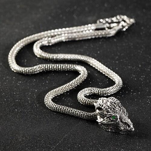 Domineering Silver Color Green Eye Dragon Necklace Chains for Men Women Personality Hip Hop Long Chain Party Jewelry Accessories