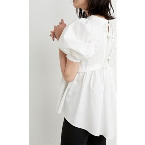 Sweet Puff Sleeve Back Cross Bandage Design Blouses for Women All Match Solid Casual Shirts 2021 Summer Elegant Office Lady Tops