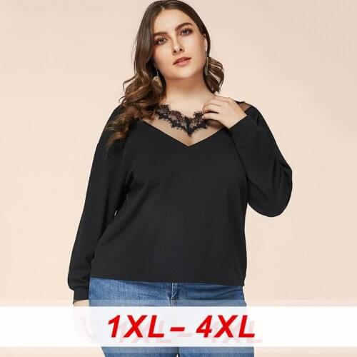 2020 Female New Autumn Plus Size Tops for Women Large Long Sleeve Loose Casual Sexy See Through Shirt Lace Black V Neck T-shirt