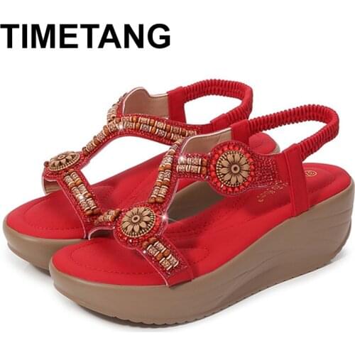 TIMETANG Big Size To 42 Bohemian Sandals Women Summer Bling Rhinestone Elastic Back Light& Comfortable Wedge Heel Pumps Shoes