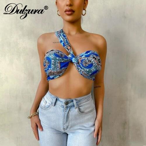 Dulzura Paisley Print Women Halter Crop Top Cross Bodycon Sexy Streetwear Party Club Elegant 2021 Summer Clothes Festival