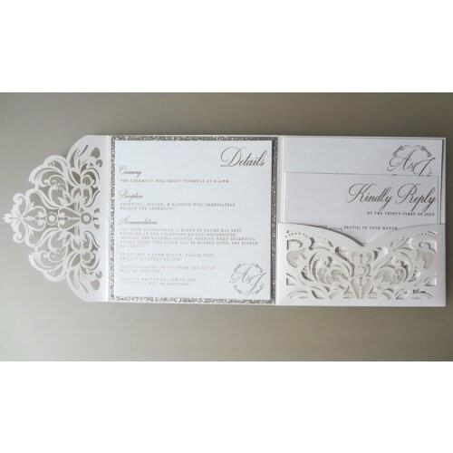 100pcs Tri-fold Champagne Glitter Paper Gold Silver Foiling Customized Printing Paper Laser Cutting Wedding Invitation Cards