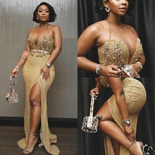 Arabic Gold 2020 Mermaid Sexy Prom Dresses Beaded Crystals Prom Dresses High Split Formal Second Reception Evening Gowns Robes D