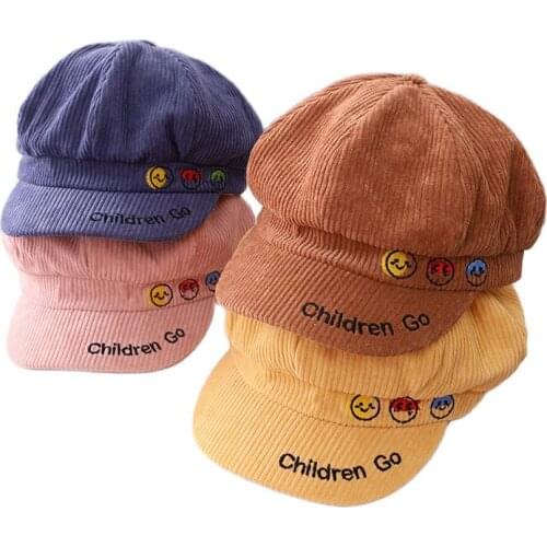 Doitbest Winter Snapback Cap Kid Boys Girls Baseball Caps Autumn warm hat Children Hats Kids Three smiley corduroy octagonal hat